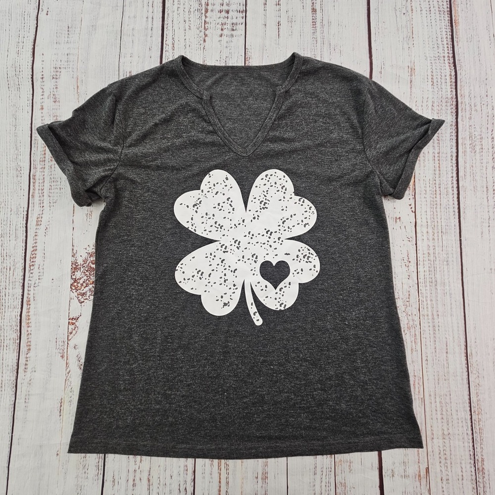 Four‎ Leaf Clover Love Charcoal Gray Split Neck Tee Women's M